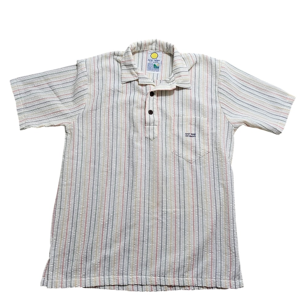 Vintage First Team Off Shore Seersucker Striped Polo Shirt Mens White Multi USA